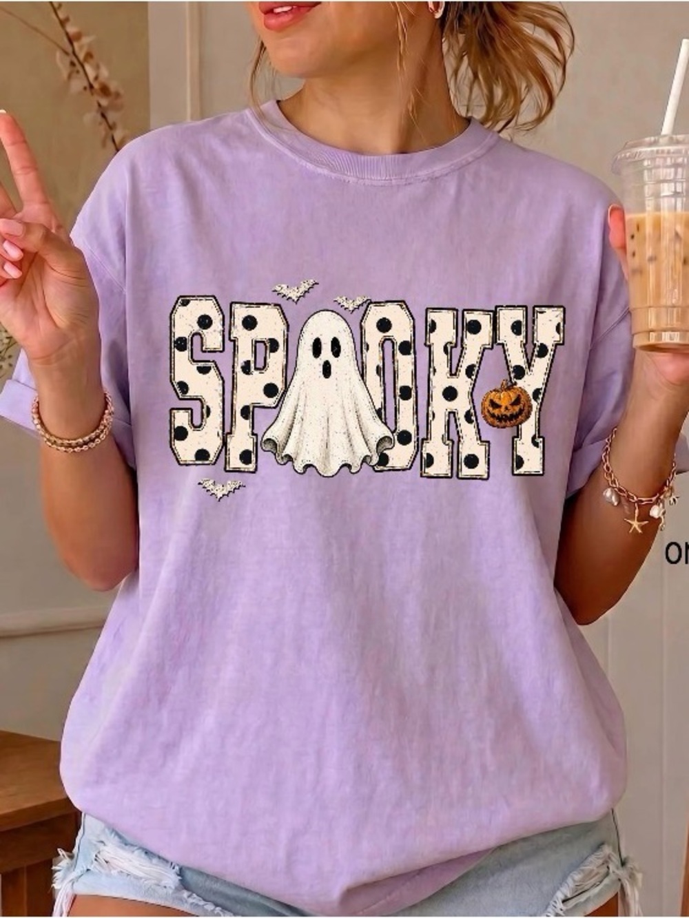 Retro Spooky Halloween Ghost Shirt, Preppy White Dots Spooky Season T-Shirt